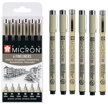 SAKURA Pigma Micron Fineliner-Stifte 6er-Set, wasserfeste, permanente schwarze Tinte, verschiedene Größen | Stifte zum Schreiben, Zeichnen und Tagebuch führen