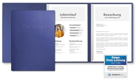 10 Stück 3-teilige Bewerbungsmappen Blau mit 2 Klemmschienen in feinster Lederstruktur - hochwertige Prägung ''BEWERBUNG'' - direkt vom Hersteller STRATAG