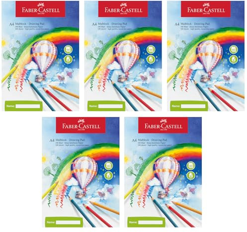 FABER-CASTELL - Malblock DIN A4, 5 Blöcke je 100 Blatt, 80 g/m² | 5 Malblöcke DIN A4 mit je 100 Blatt, 80 g/m² Papier, als Zeichenblock zum Zeichnen, Malen und Skizzieren