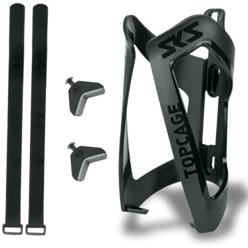 SKS GERMANY ANYWHERE TOPCAGE Flaschenhalter für Fahrräder (Fahrradzubehör mit flexiblem Befestigungssystem für Rahmen ohne Bohrungen, gummierte Klettverschlüsse), schwarz