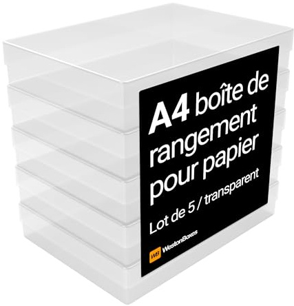WestonBoxes Bastel-Aufbewahrungsboxen aus Kunststoff im A4-Format mit Deckel für Kunstbedarf, Papier und Karton – 5 Stück (Klar/Transparent)