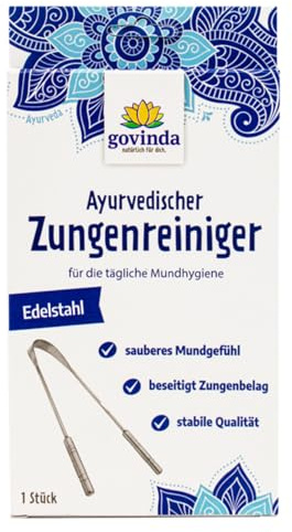 Govinda Ayurvedischer Zungenreiniger aus Edelstahl | Zungenbürste/Zungenschaber für die tägliche Mundhygiene | Gegen Mundgeruch | Sauberes Mundgefühl | Beseitigt Zungenbelag | Stabile Qualität