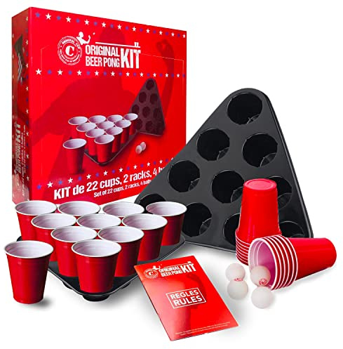 Offizielles Beer Pong Set® | Gesamtpaket Beer Pong Officiel | Premium Qualität | 22 Red Cups | 2 Racks | 4 Bälle | Offizielle Regeln | Trinkspiel | Partyspiel | 100% Spaß