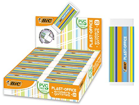 BIC PLAST-OFFICE Radierer aus Kunststoff – PVC-Frei, Für Alle Papierarten, Mit Schutzhülle, Displaybox, 20 Stück