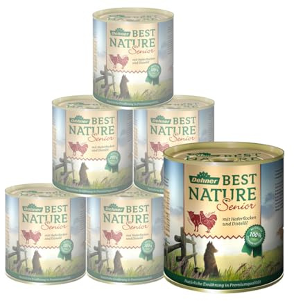 Dehner Best Nature Hundefutter Senior, Nassfutter, Lamm / Geflügel, 6 x800g | 4.8 kg, zuckerfrei, mit Haferflocken, für ätere Hunde