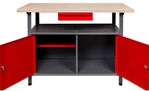 Werkbank Metall 120 x 85 x 60 cm, Werktisch mit Türen und Schublade | 30 mm Sperrholzplatte, verschließbare Türen und Schublade – solide Werkstatteinrichtung