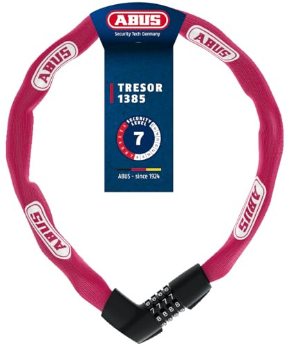 ABUS Kettenschloss Tresor 1385 – Zahlenschloss aus gehärtetem Stahl – 7 mm starke Vierkantkette – ABUS-Sicherheitslevel 7 – 85 cm – Koralle