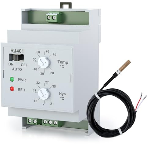 ELEKTROBOCK RJ401 Temperaturschalter 230V mit Fühler | Automatischer Temperaturregler für Pumpensteuerung | Einstellbereich 20–80 °C | +/-1 °C Genauigkeit