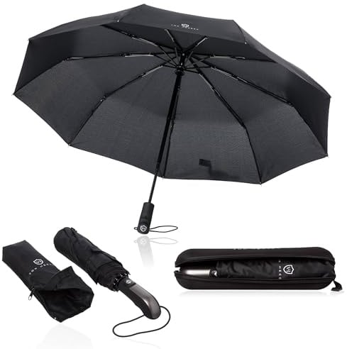 VON HEESEN Regenschirm sturmfest bis 140 km/h - inkl. Schirm-Tasche & Reise-Etui - Taschenschirm mit Auf-Zu-Automatik, klein, leicht & kompakt, Teflon-Beschichtung, windsicher, stabil (Schwarz)