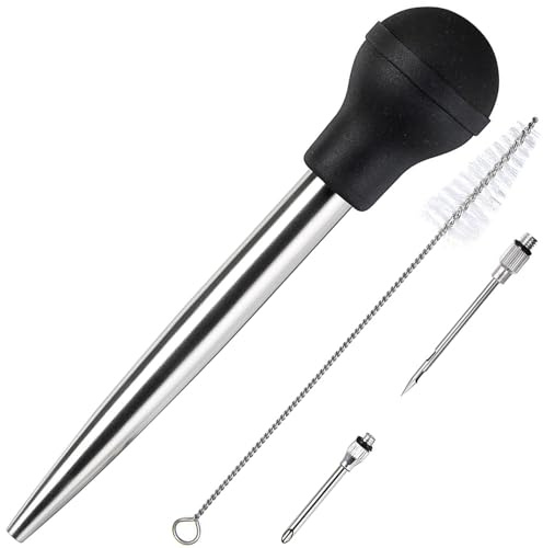 Best Utensils Bratenspritze aus Edelstahl, professionelle Qualität, FDA, Gummi-Ballon, inkl. Marinade-Injektorspritze und Bürste für einfaches Reinigen