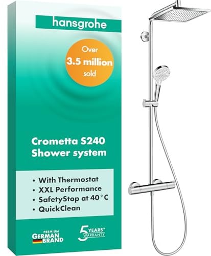 hansgrohe Crometta E - Duschsystem mit Thermostat, Regendusche (240 x 240 mm) mit Armatur, Handbrause (2 Strahlarten), Schlauch, Brausestange und eckiger Kopfbrause (1 Strahlart), Chrom, 27271000