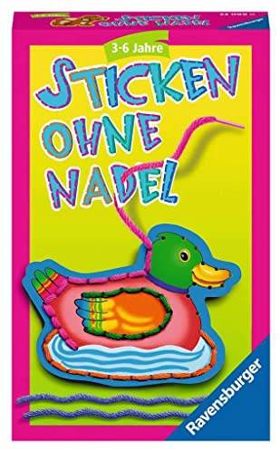 Ravensburger 23099 - Sticken ohne Nadel, Mitbringspiel für 1-4 Spieler, Kinderspiel ab 3 Jahren, kompaktes Format, Reisespiel, Bunte Wolle