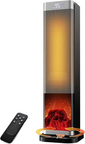FGHB Elektrische Heizung,2000W Turm Raumheizung mit Fernbedienung,23-Zoll elektrische Raumheizung mit 70 ° Oszillation,3D Flamme,LED-Bildschirm, ECO-Modus,12H Timer - Innenheizung für Schlafzimmer,Bür