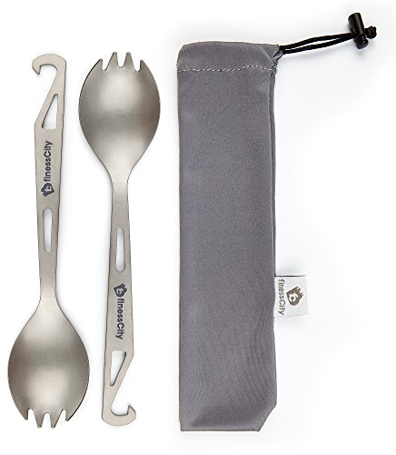 Titanium Göffel (Löffelgabel) mit Flaschenöffner Extra stark Ultraleicht, gesunder & umweltfreundlicher Löffel, Gabel- & Flaschenöffner für Reisen / Camping in leicht verstaubarer Stofftasche (2 Unit)