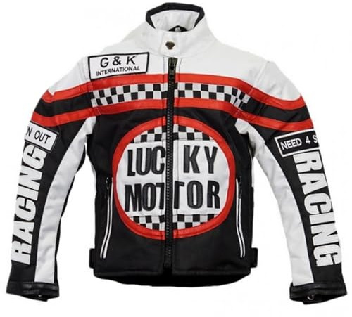 MDM Kinder Bikerjacke in schwarz/weiß, Motorradjacke, Racing Jacke (XL)
