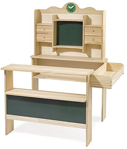 howa Kaufladen Holz für Kinder großer Kaufmannsladen Natur 4741 | Großer massiver Spielzeugkaufladen Kinder Einkaufsladen mit Lernuhr, Schreibtafeln und 4 Schubkästchen, Thekenhöhe 62cm