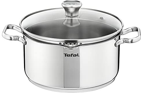 Tefal A70546 Duetto Kochtopf | 24 cm | induktionsgeeignet | einfache Reinigung in der Spülmaschine | Messskala | Glasdeckel zum Abgießen | Edelstahl
