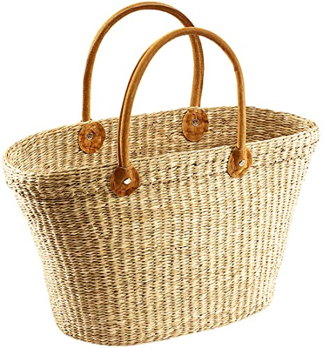 Kobolo Korbtasche Einkaufstasche Flechttasche Strandtasche Seegrastasche natur Ledergriffe