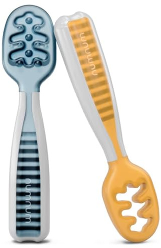 NumNum GOOtensils Babylöffel Set - Stufe 1+2 Esslernlöffel Baby ab 6+ Monaten - Beikost Baby Zubehör BLW - BPA frei Silikon Löffel Selber Essen - 2er (Blau/Orange)