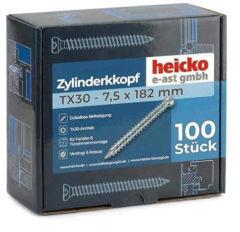 heicko Fensterrahmenschraube 7,5x182mm Zylinderkopf TX30 verzinkt blau | Betonschrauben Montageschraube ohne Dübel | 100 Stück
