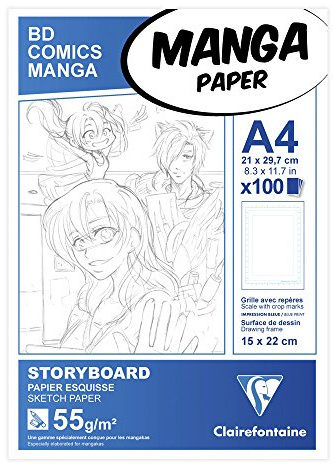 Clairefontaine 94037C Manga Block Storyboard (ideal für Zeichen von Manga und Multitechniken, DIN A4, 21 x 29,7 cm, 100 Blatt, 55 g, mit einfachem Raster) weiß