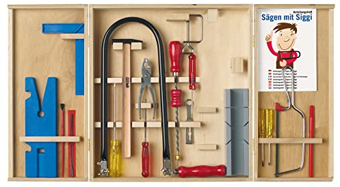 PETER BAUSCH Pebaro 407 Qualitäts-Laubsägeschrank, 24 Teile, komplettes Set im Holzschrank, Stahlwerkzeuge, Laubsägebogen und Säge für Metall made in Germany, Basteln mit Holz, Bastelset, Geschenkidee für Kinder