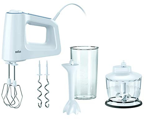 Braun MultiMix 3 HM 3135 Handmixer – Handrührgerät mit 5 Geschwindigkeitsstufen & Turbo-Funktion, inkl. Schneebesen, Knethaken, Pürierstab, Zerkleinerer und 600 ml Mix- und Messbecher, 500 Watt, weiß