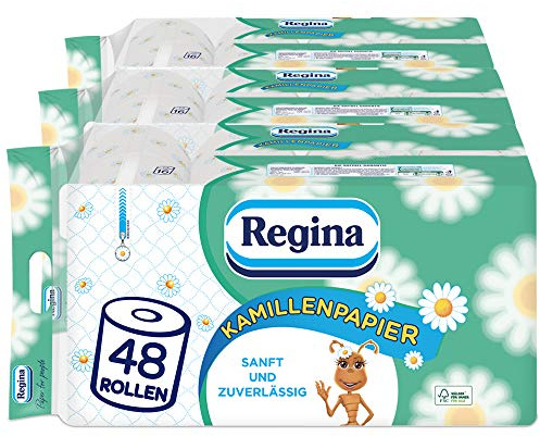 Regina Kamillenpapier, 48 Rollen Toilettenpapier, 3-lagig | 3 x 16 Einzelpackungen, 150 Blatt pro Rolle, Sanft und zuverlässig, Mit einem Hauch von Kamille, FSC-zertifiziertes Papier