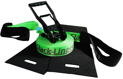 Slack-Liners 4 Teiliges Slackline-Set LEUCHTGRÜN - 50mm breit, 15m lang - mit Langhebelratsche Made in Germany