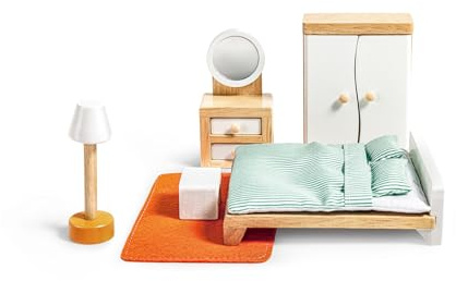 Hape Puppenhaus Schlafzimmer - Möbelset aus Holz für Puppenhäuser, Lernspielzeug zur Förderung der Fantasie und Sprache, Zubehör für Puppenhaus und Rollenspiel, für Kinder ab 3 Jahren