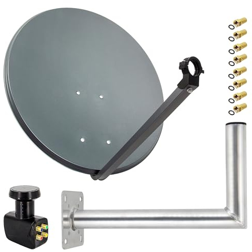 PremiumX Satelliten-Komplettanlage 80cm Satellitenantenne Anthrazit Satellitenschüssel Quad LNB Wandhalter 45cm, 1 SAT 4 Teilnehmer