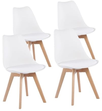 EGGREE Esszimmerstühle 4er Set Nordische Stühle Moderne Küchenstühle mit Massivholzbeinen und Kunstlederpolsterung Bequeme Stühle für Esszimmer Küche Wohnzimmer Büro Weiß