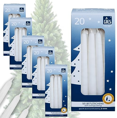 Gies Kerzen Set | 100 Stück selbstlöschende Baumkerzen | 12,4 cm x 1,2 cm Weiß | Handgetauchte Qualität