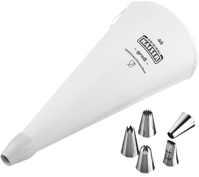 Original Kaiser La Forme Plus Spritzbeutel Set 7-teilig, Spritzbeutel wiederverwendbar groß mit Tüllen, Adapterund 5 Spritztüllen, kochfest, Schneidehilfslinie, Weiß /Silber