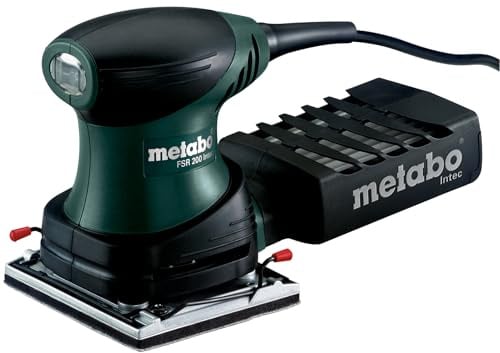 metabo FSR 200 Intec Sandschleifer, 200 W Schwingschleifer mit Koffer | Leichter Rutscher mit 26000/min, 114 x 102 mm Schleifplatte, Staubauffangkassette, Filter und Lochstanze im Kunststoffkoffer