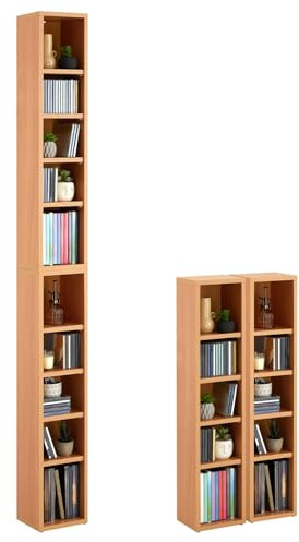 CARO-Möbel CD DVD Blueray Regal Chart in Buche – Zweiteiliges Medienregal, Aufbewahrung, CD-Ständer mit 10 Fächern für bis zu 160 CDs, 20x187 cm (B x H)