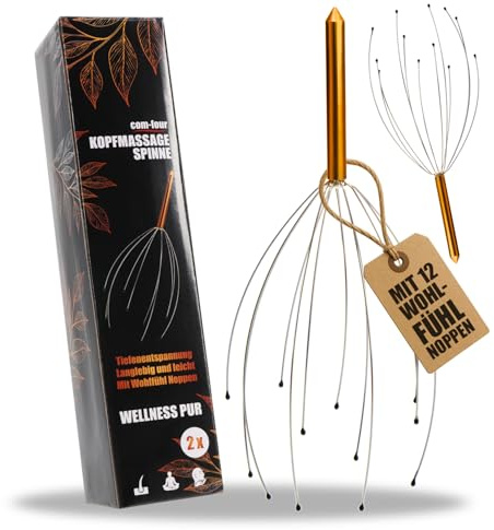 com-four® 2x Kopfmassage Spinne - Kopfmassagegerät 24 cm - Kopfkrauler, Massagespinne zur Entspannung - Akupressur für bessere Schlafqualität, Haarwachstum, Glücksgefühl (2 Stück - bronzefarben)