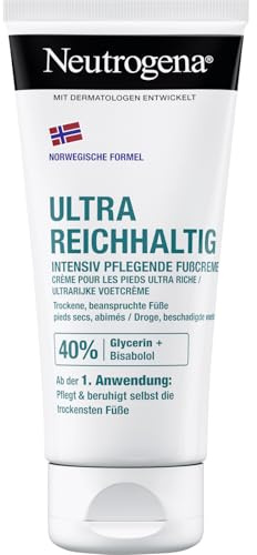 Neutrogena Ultra reichhaltige Fußcreme, nicht fettende Fußpflege Creme mit 40Prozent Glycerin + Bisabolol, schnell einziehende Feuchtigkeitscreme für trockene und beanspruchte Füße 100 ml