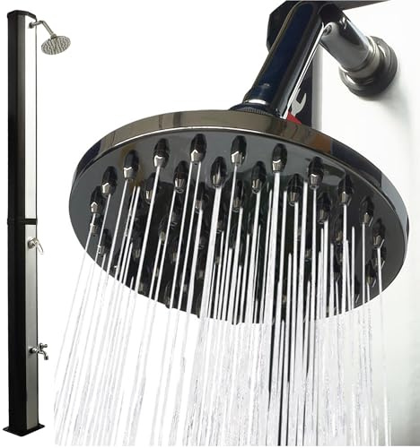 Nemaxx® Solardusche 35 Liter mit Fußdusche – schwenkbarer Regenduschkopf – Solar Gartendusche/Außendusche/Pooldusche ohne Stromanschluss – Gartenschlauch-Anschluss, bis 60°C – Schwarz/Silber