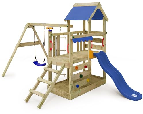 Wickey Spielturm TurboFlyer mit Doppelschaukel, blau – aus Holz, für Kinder im Garten