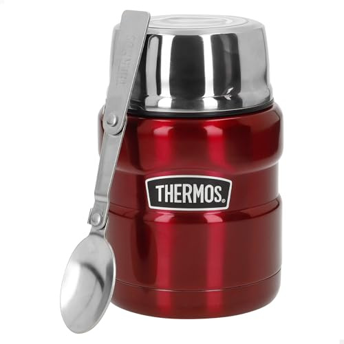 Thermos STAINLESS KING Thermobehälter für Essen rot 0,47l - Edelstahl, absolut dicht, hält Speisen 9h heiß & 14h kalt, mit klappbarem Löffel, BPA-frei