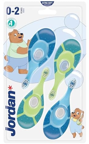 Jordan ® | Step 1 Baby Zahnbürste | Baby Zahnbürste 0-2 Jahre | Die Original Kleinkindzahnbürste mit extra weichen Borsten und weichem Beißring für Babygummis und Easy Grip | Blau und Grün | 4-pack