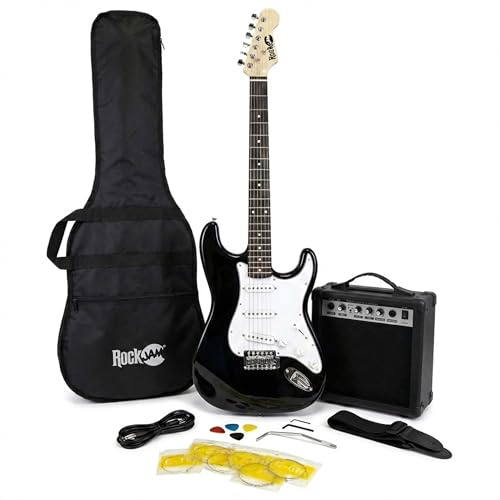RockJam E-Gitarren-Set volle Größe für Anfänger, Schwarz, 6 Saiten mit 10-W-Verstärker, Tasche, Gurt, Kabel, Plektren und Tremolo