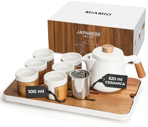 MIAMIO - Japanisches/Chinesisches Tee Set 6 x 100 ml/Asiatische Teekanne 620 ml mit Teesieb, Traditionelles Japanisches Teekanne Set für Teeliebhaber/Männer/Frauen (Weiß)