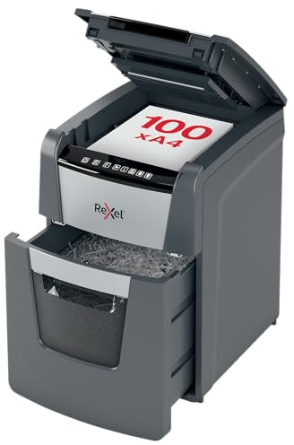 Rexel Optimum AutoFeed+ 100X Automatischer Aktenvernichter, 100 Blatt automatisch, Sicherheitsstufe P4, Partikelschnitt, für Zuhause / Home Office, 34 Liter Abfallbehälter, 2020100XEU