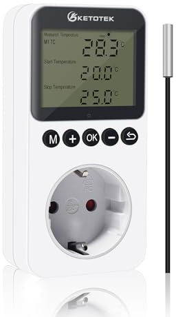 KETOTEK Digital Thermostat Steckdose Tag Nacht Temperaturregler Steckdosen 100-250V Heizung Kühlung Temperaturschalter mit Fühler Timer Regler für Gewächshaus Reptilien Kühlschrank