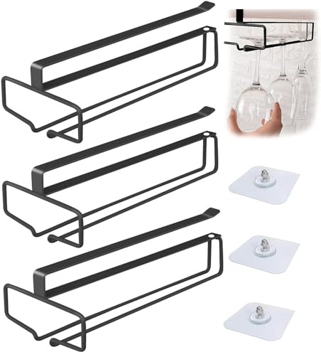 Laufunjoy 3 Stück Weingläser Halter, Gläserhalter für Weingläser Stielgläser Weinglashalter Gläserhalter aus Metall Gläserschiene Halter Unter Schrank Weinglas Rack für Küche Bar Restaurant, Schwarz