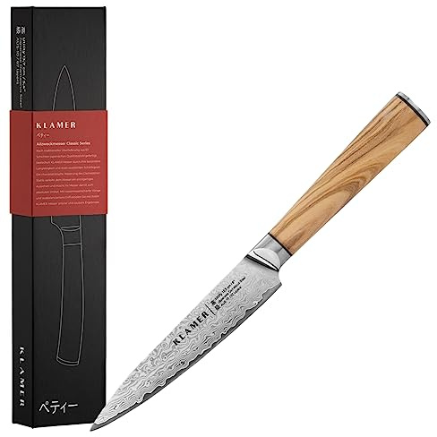 KLAMER Damast Allzweckmesser 12,7 cm – scharfes Küchenmesser aus 67 Lagen japanischem Damaszener Stahl (61 HRC), 13 Grad Schnittwinkel, ergonomischer Olivenholzgriff, Profi Kochmesser