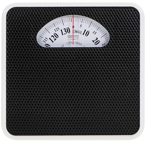 CAMRY Mechanische Personenwaage analog bis 136 kg – Waage ohne Batterie 28x29 cm – Metallgehäuse, rutschfeste Oberfläche, Kalibrierknopf – Schwarz und Weiß