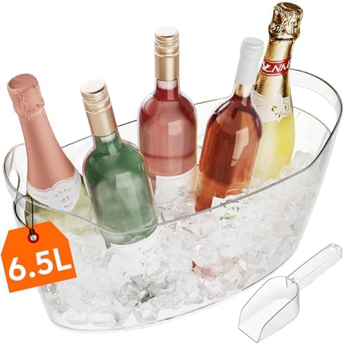 Lifewit 6,5 L Große Sektkühler Schale mit Eisschaufel für Cocktailbars, Kunststoff Flaschenkühler mit Griffen für Wein Bier Champagne Getränke, Tragbare Getränkewanne, 38 ×18×20 cm/15x7x8